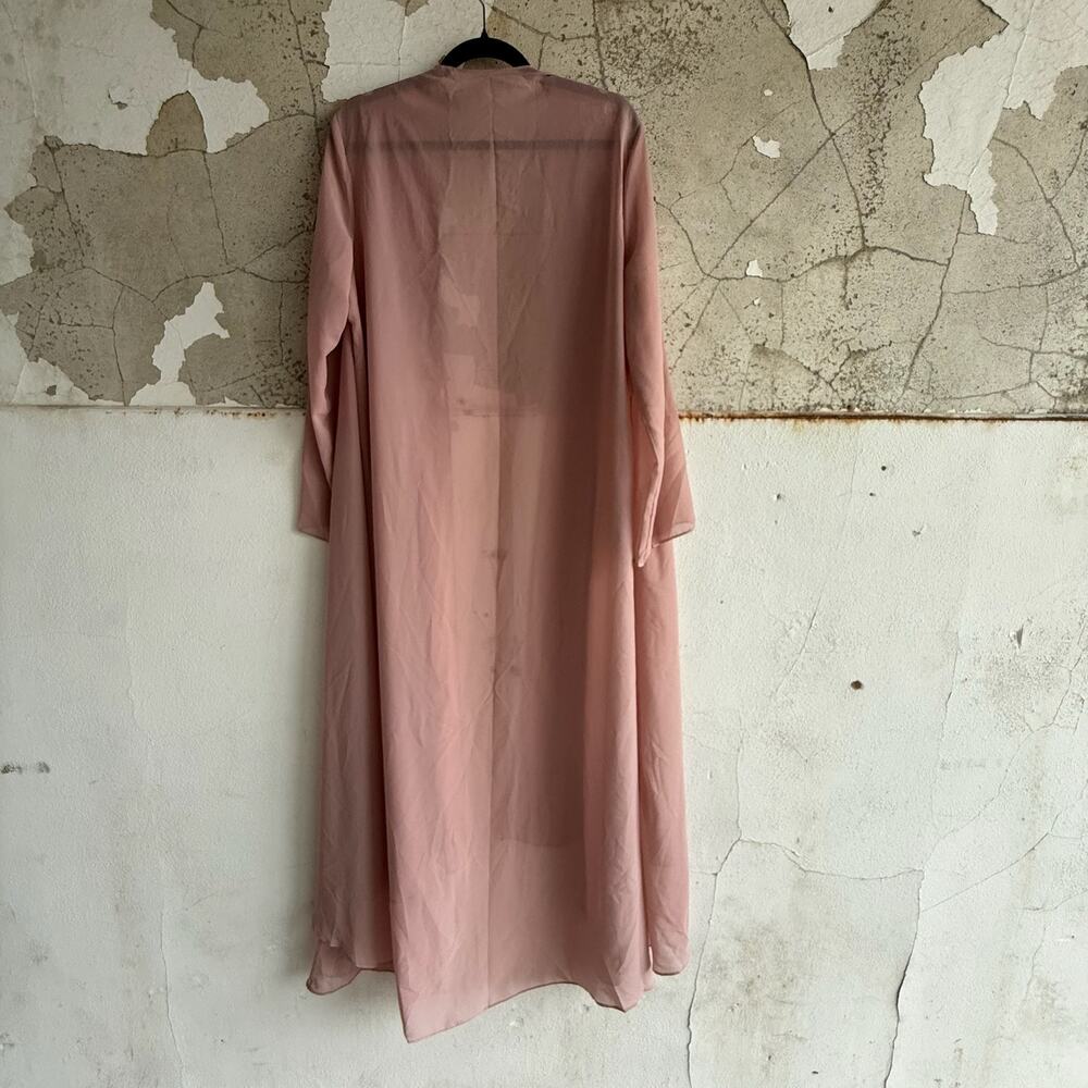 Kimono Robe Duster Long Embroidered‎ Lace Trim Romantic Sheer Blush Pink - Picture 2 of 6